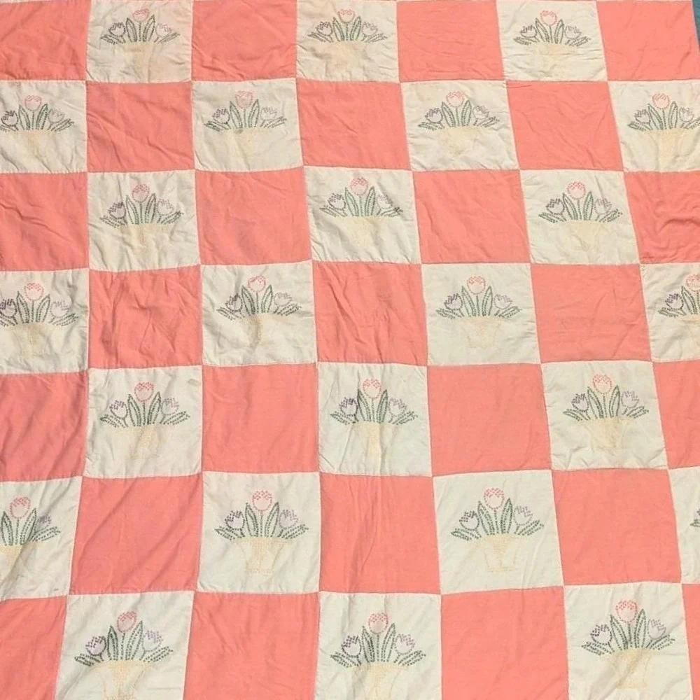 Vintage Handmade Cross Stitch‎ Tulip Basket Patchwork Quilt Pink Pastel 92x76 in